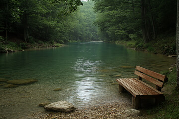 Fototapeta premium Tranquility by the River: A wooden bench sits invitingly on the shore of a tranquil river, surrounded by lush greenery and the gentle sound of water flowing. The serene scene evokes a sense of peace a