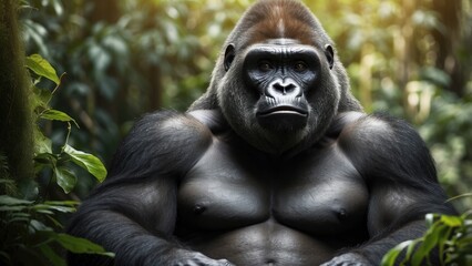 Majestic gorilla sitting in a jungle clearing, intense expression, dense foliage, pow