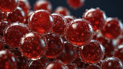 A large number of virus particles. They are red spheres with small protrusions around them and water droplets on the surface.