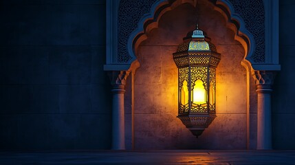 Eid Mubarak and Ramadan Kareem greetings with an Islam crescent, lantern, mosque banner backdrop