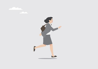 woman in business suit running late for work with her purse