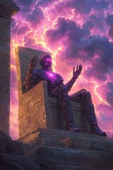 Futuristic stone robot sitting on throne with glowing eyes and chest beneath dramatic sky with pink lightning.