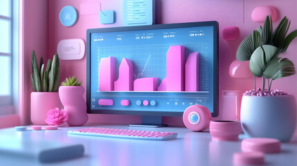 Pastel Productivity: A 3D rendered desk with a computer screen displaying a vibrant pink graph, surrounded by pastel-colored accessories and plants, showcasing a playful and modern approach to work. 