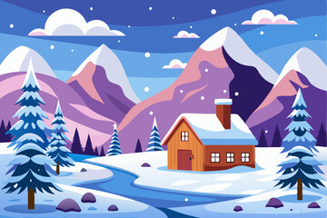 A Snowy Cabin Nestled in a Mountain Valley Landscape