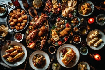 Gourmet Feast on Dark Tablecloth