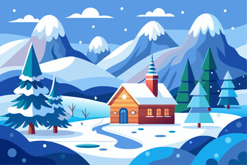 Naklejka premium Cozy Cabin Nestled in a Snowy Mountain Landscape