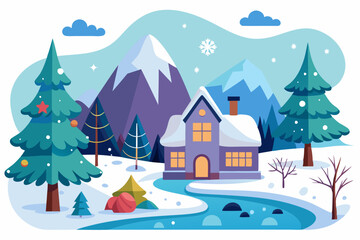 Snowy Winter Landscape with a House and Frozen River