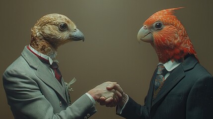 Unusual Business Deal: Human with Dog Head and Human with Bird Head Shaking Hands in Professional Attire
