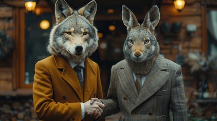 Surreal Business Negotiations - Human with Wolf Head & Human with Rabbit Head in Business Suits Shaking Hands with Blank Space for Text Above