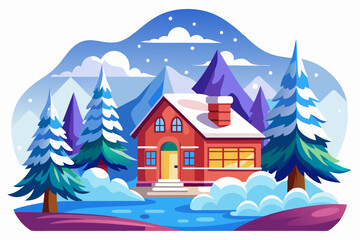 A red cabin nestled amongst snow-covered pines and mountains