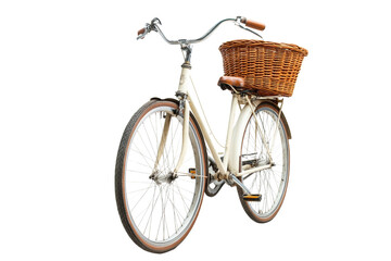 Vintage bicycle with wicker basket on white background. Perfect for urban cycling, leisure rides, and eco-friendly transportation.