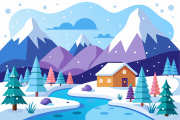 A Winter Wonderland with a Cozy Cabin Nestled in a Snowy Mountain Valley