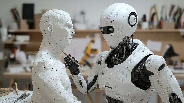 Robot working on a human sculpture in a workshop, showcasing the harmony between technology and art in a futuristic setting.