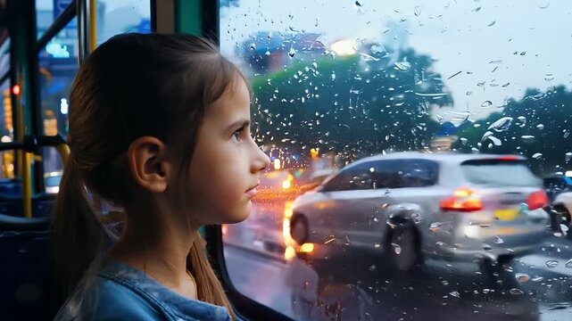 Little girl looking through bus window on rainy day