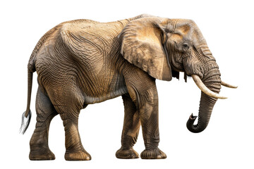 Fototapeta premium Majestic African elephant isolated on white background, showcasing its textured skin and large tusks in detailed profile view.