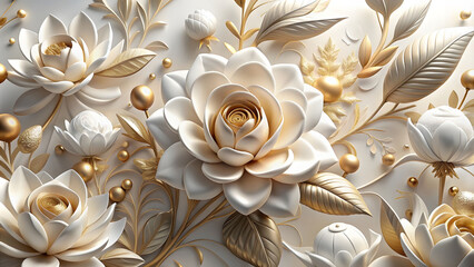 Golden leaves and buds embellish a bright white background with stucco peonies. providing a touch of luxury.