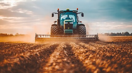 Fototapeta premium Heavy tractor plowing a field at sunset, creating a dusty ambiance.