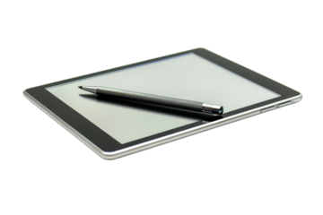 Modern digital tablet with stylus on white background, ideal for creative work, note-taking, or digital design. Compact and portable technology.