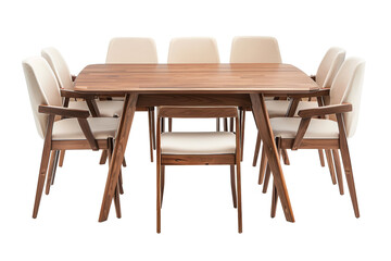 Modern wooden dining table set with six beige cushioned chairs, perfect for contemporary home interiors and dining spaces.