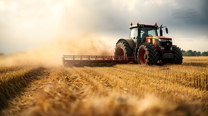 Obraz premium Tractor working in a golden wheat field under a cloudy sky.