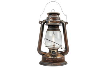 Vintage rustic kerosene lantern on white background, depicting an old-fashioned oil lamp with a worn, antique appearance.