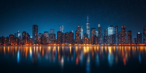 Fototapeta premium Skyline Dark cityscape silhouette under a starry midnight sky - harbor, reflections, tourism, travel, urban