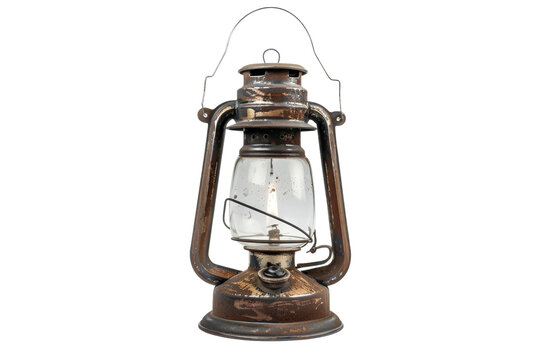 Vintage rustic kerosene lantern on white background, depicting an old-fashioned oil lamp with a worn, antique appearance.