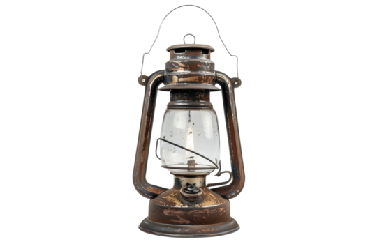 Vintage rustic kerosene lantern on white background, depicting an old-fashioned oil lamp with a worn, antique appearance.