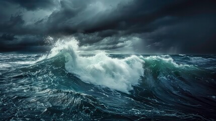 Fototapeta premium A large, crashing wave on the open sea. Dark, stormy clouds hover over the ocean.