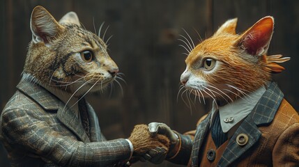 Surreal Business Encounter of Man with Catfish Head and Man with Bird Head Shaking Hands in Suits with Blank Space for Text