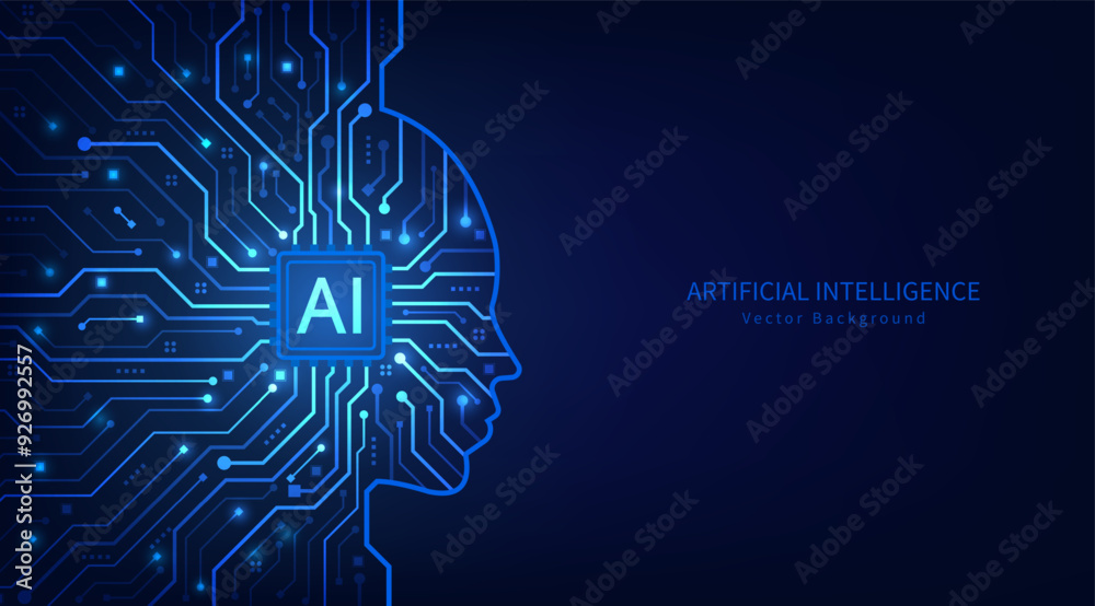 Poster Electronic brain and Artificial intelligence technology concept. Human head outline with circuit board. Machine learning concept. Circuit board. Vector illustration for web, banner and template.