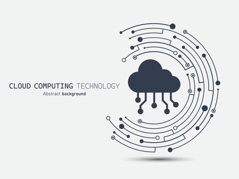Cloud circuit on a crescent-shaped circuit board. Cloud computing technology Internet and cyber technology concept. Data center. Vector illustration for web and template.
