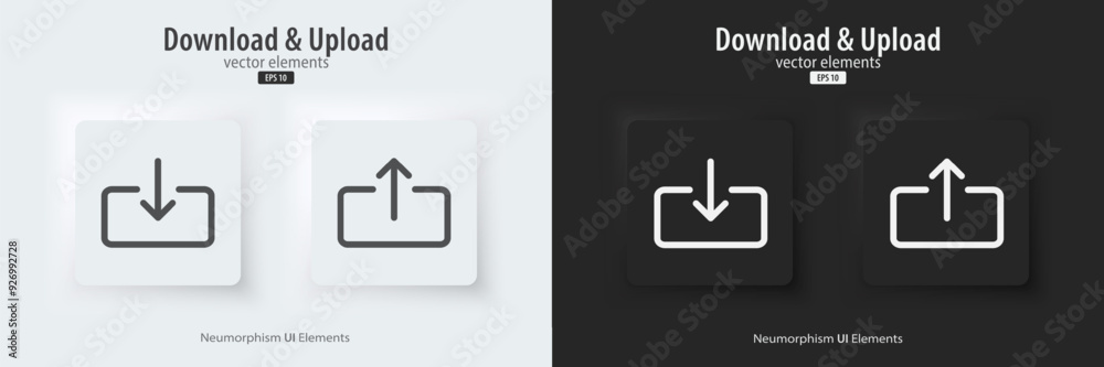 Poster Download and Upload icon. A set of black and white square button with symbols. 3D icon in trendy neumorphic style for apps, websites, and interfaces. UI UX elements. Vector illustration.
