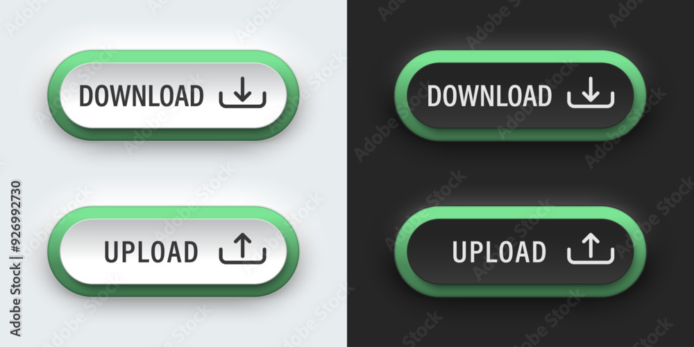 Poster Download and Upload icon. A set of buttons have neon lights with symbols. 3D icon in trendy neumorphic style for apps, websites, and interfaces. UI UX elements. Vector illustration.