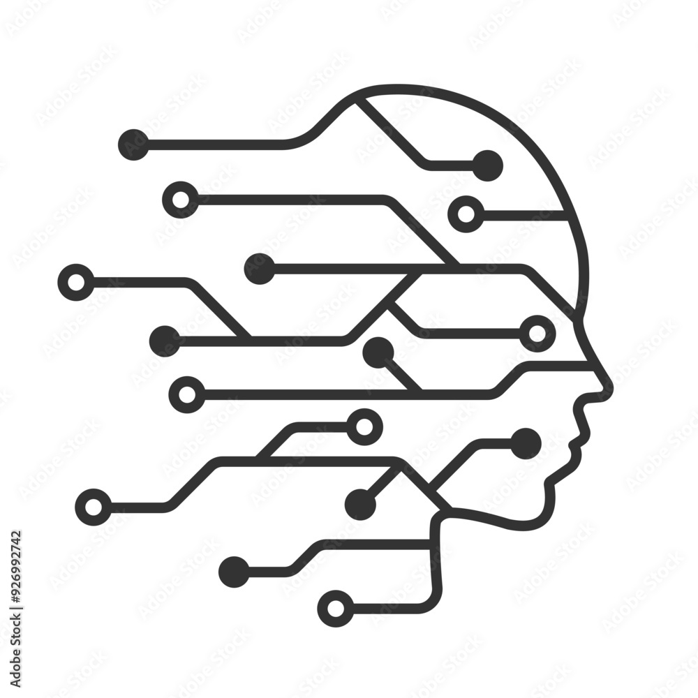 Poster human head tech with line circuit icon. line icon isolated on background. artificial intelligence te