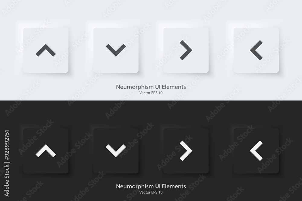 Poster Arrow sign icon. Up down left right sign. A set of square buttons with symbols. 3D icon in trendy neumorphic style for apps and websites. UI UX elements. Vector illustration.