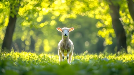 Adorable young lamb in a sunlit forest setting, surrounded by vibrant greenery.