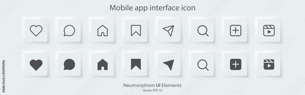 Poster Social media icons set. Flat and line icon. A set of square buttons with symbols. 3D Neumorphism design style for apps, websites, and Interfaces. UI UX. Vector illustration.