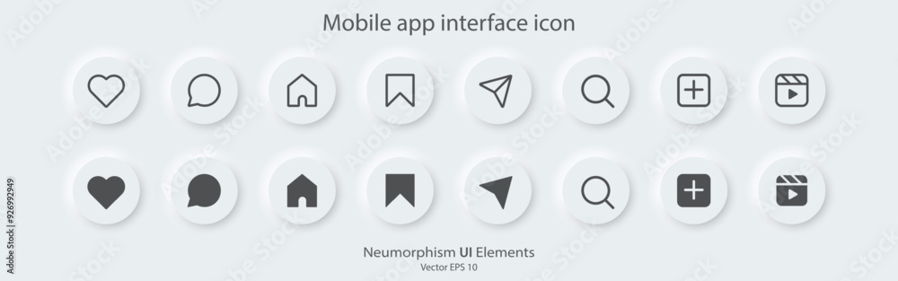 Poster Social media icons set. Flat and line icon. A set of round buttons with symbols. 3D Neumorphism design style for apps, websites, and Interfaces. UI UX. Vector illustration.