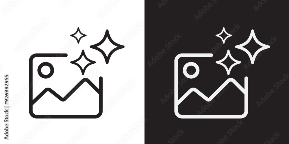 Aufkleber AI generated image line icon. Image enhancement, improve quality and generative by Machine learning. AI is entered by a command prompt to generate ideas. Vector illustration.