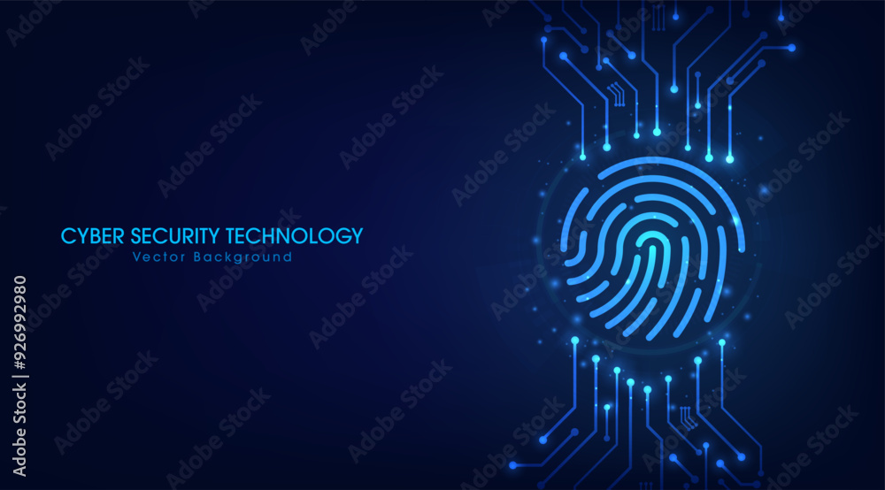 Poster Fingerprint scanning on circuit board. secure system concept with a fingerprint. Cyber security technology concept abstract background futuristic Hi-tech style. Vector and Illustration.