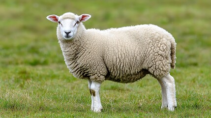 Obraz premium A fluffy white sheep stands gracefully in a lush green field.