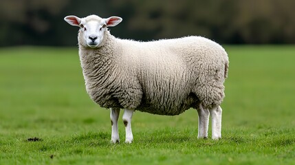 Fototapeta premium A fluffy white sheep standing proudly in a green field.