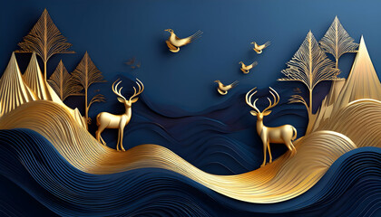 Fototapeta premium luxurious 3D wallpaper design with a dark blue background and golden waves, showcasing golden mountains, deer, and birds in an elegant, modern art style.