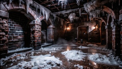 Obraz premium Brick Tunnel with Icicles, Snow, and Water