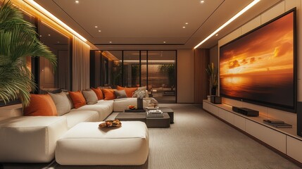 A vibrant smart home entertainment room with a large, interactive display