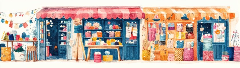 A charming market scene featuring colorful shops and vibrant displays, perfect for showcasing local commerce and artisan culture.