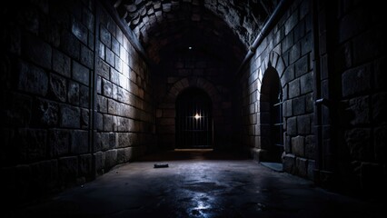 Obraz premium A Dark, Stone-walled Tunnel with a Gated Entrance
