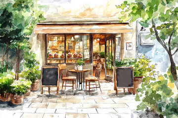 Obraz premium A small cafe with a chalkboard menu and a few chairs