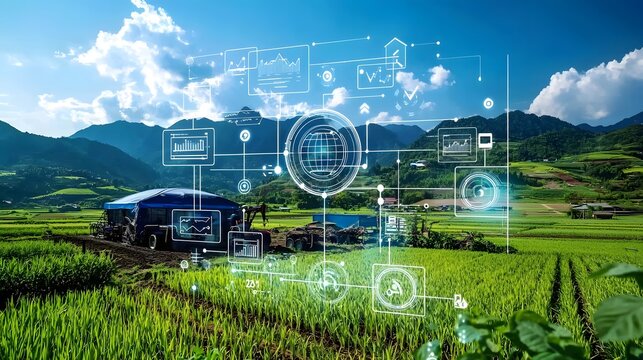 Innovative agriculture: A digital interface overlays a lush green rice field.